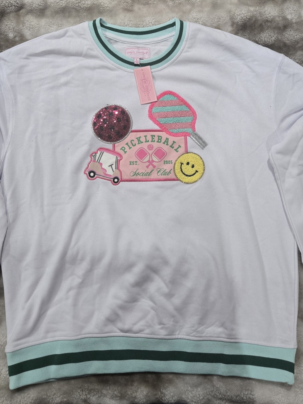 Simply Southern White Pickleball Graphic Pullover with Mint and Pink Trim